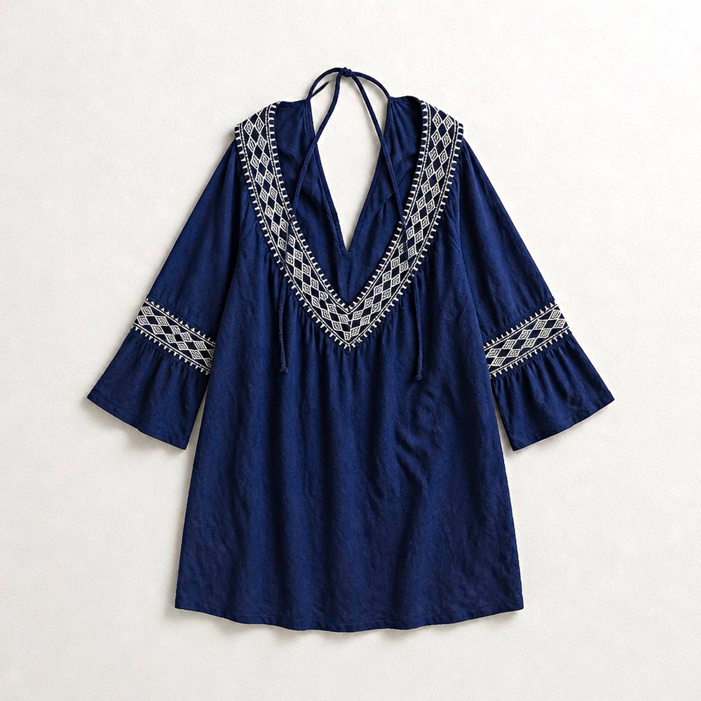 Plus Size 1X Navy/White Embroidered V-Neck Bell Sleeve Bohemian Sexy Blouse